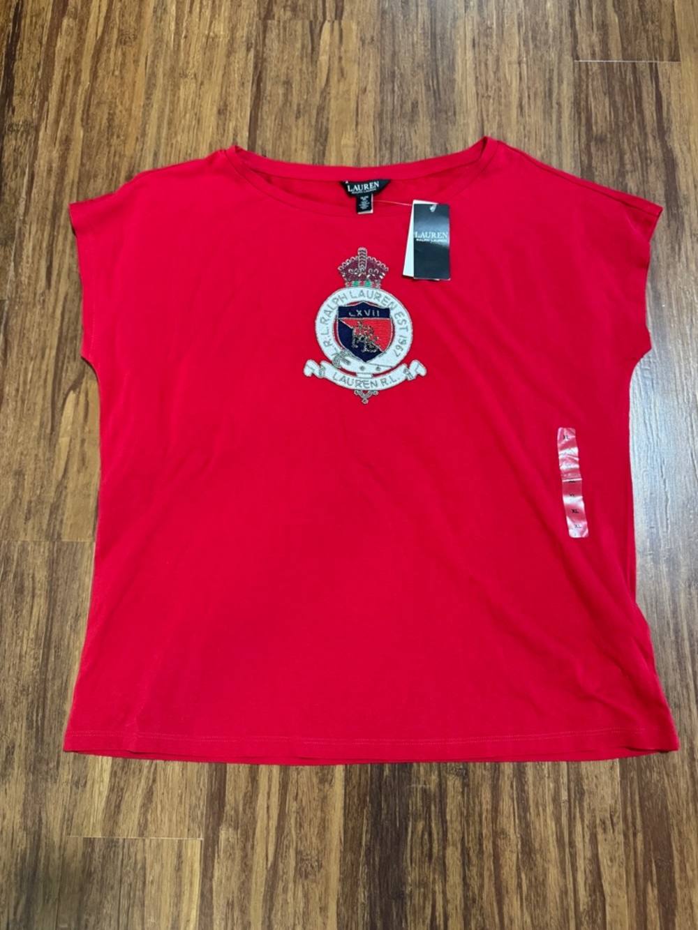 NEW Lauren Ralph Lauren XL Red Solid T-Shirt Beaded Embroidered Short Sleeve